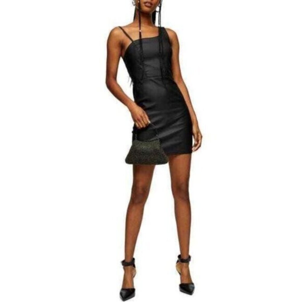 TOPSHOP Mini Dress Black Faux Leather Bodycon Mini Stretch SZ 10 NEW